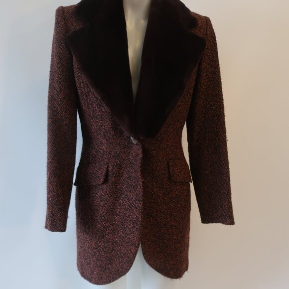 Yves Saint Laurent Black Brown Tweed Boucle Wool Blend Faux Fur Jacket Coat 6 - Picture 6 of 16